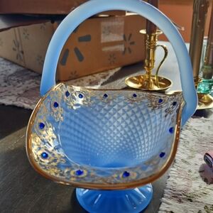 Vintage Venetian Italian Glass Blue Basket Candy Dish with Gold & Jewels